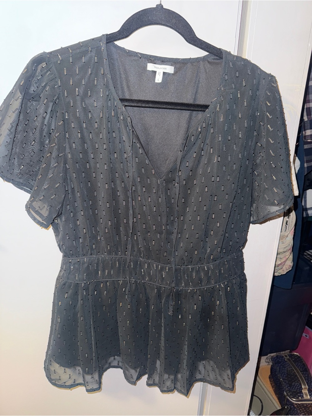 Express Black Sheer Short-Sleeve Peplum Top with Metallic Dots